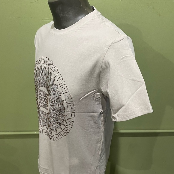 Men's Beige Graphic T-Shirt crewneck rhinestones modern fit - Picture 3 of 4